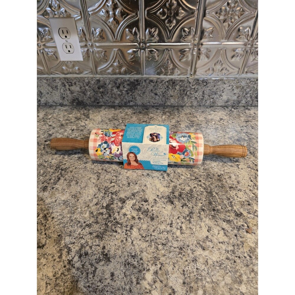 Pioneer Woman Ceramic Rolling Pin Sweet Romance Blossoms Pink Acacia Wood Handle